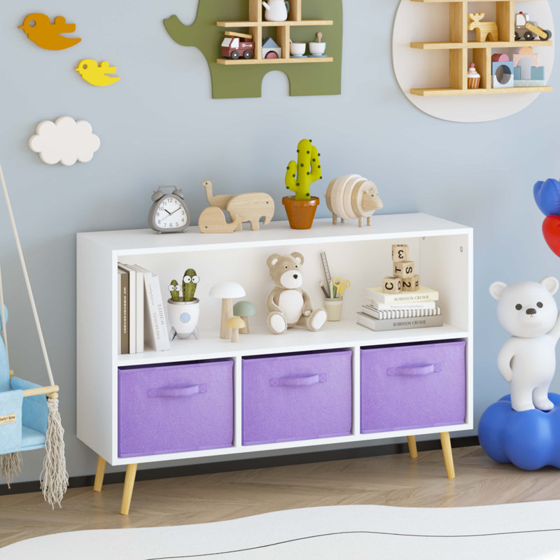 Kids Bookcase With Collapsible Fabric Drawers, Children's Book Display, Toy Storage Cabinet Organizer, White/Purple