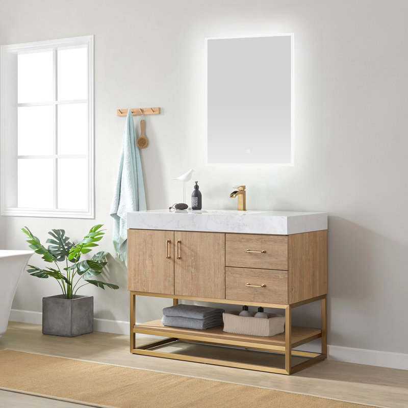 Ensemble de meuble-lavabo simple 42 po avec miroir Alistair, Doré, Chêne noir nord-américain