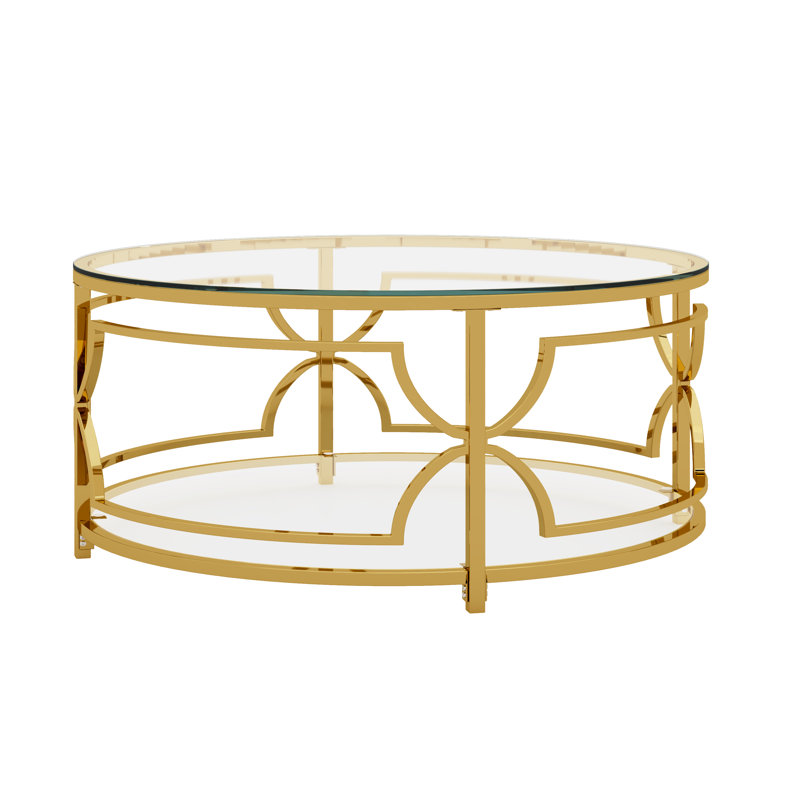 Round Coffee Table With Tempered Glass Tabletop, Geometric Metal Frame And Lower Shelf, Transparent