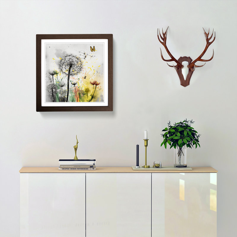 Dandelion Splatter Art No.2 - Single Picture Frame Print on Wood, Walnut