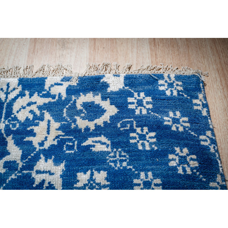 Hand-Knotted Blue Wool Traditional Floral Oushak Area Rug