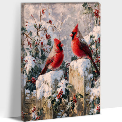 Cardinal Winter Wall Art - Christmas Pictures Wall Decor, Vintage Bird Christmas Art, Holiday Canvas Wall Art Paintings for Living Room, Framed Wrapped Canvas Prints, 12×18 inches
