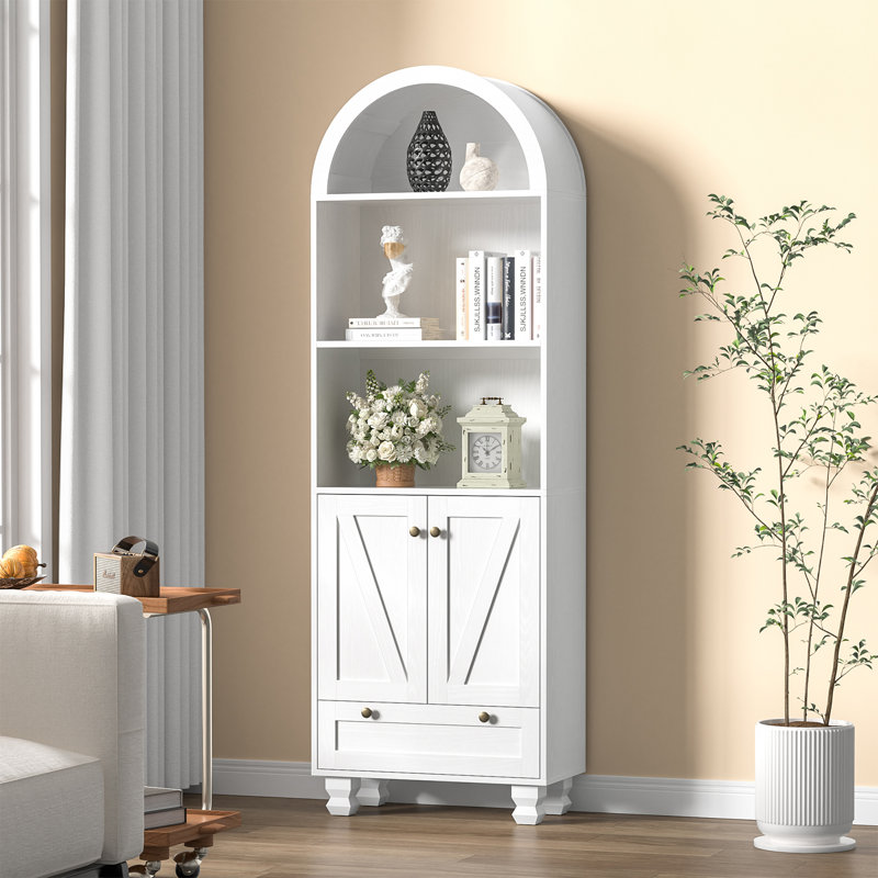 71" Tall Arched Storage Bookcase With 6-Tier Cabinets And Drawer, White