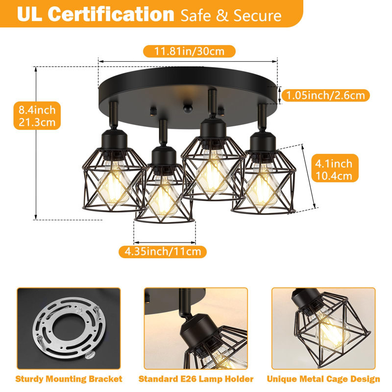 4-Light Kitchen Light Fixtures Ceiling Mount, Adjustable Multi-Directional Black Flush Mount Ceiling Light Fixture, Farmhouse Metal Cage Ceiling Lights