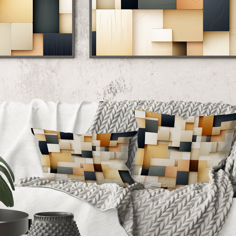Abstrait taupe Blockchain Blocks I - Coussin décoratif à imprimé géométrique, H 18 po x l 18 po