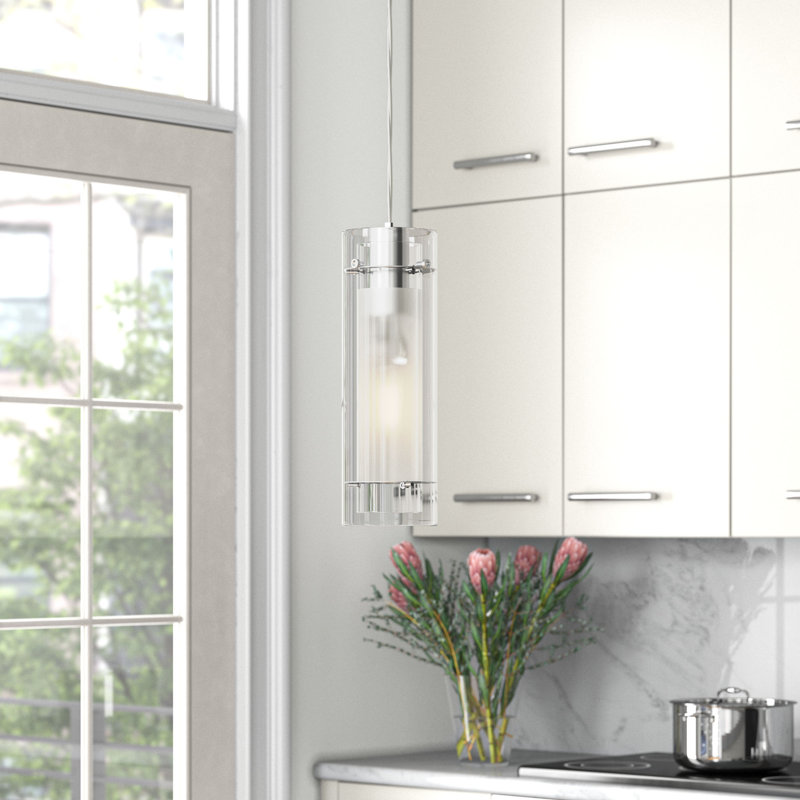 Luminaire suspendu cylindrique à 1 lumière avec détails en verre Keithline, Chrome poli