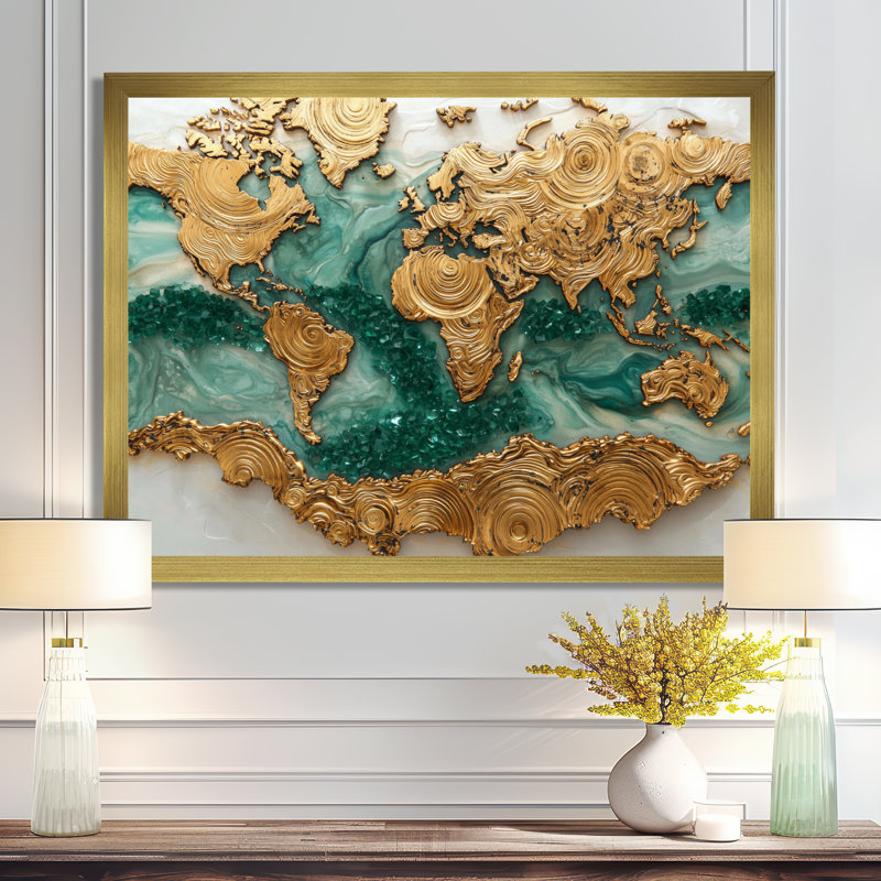 Emerald Crystals, carte du monde, diapositive en bois I, Reproduction encadrée d'une seule photo, H 12 po x l 20 po, Doré