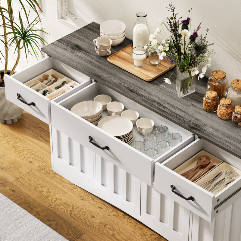 55.1W Sideboard with 3 Drawers, Adjustable Shelves and Large Drawer, Gray/White