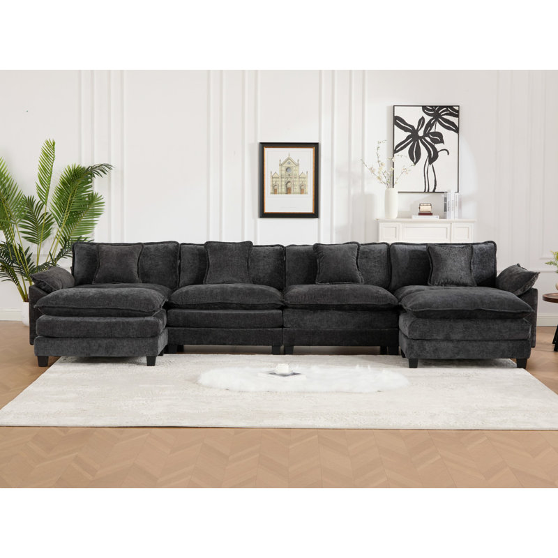 Canapé modulaire en forme de U Grid, canapé surdimensionné avec repose-pieds, Chenille noir, H 33 po x l 153 po x P 30 po