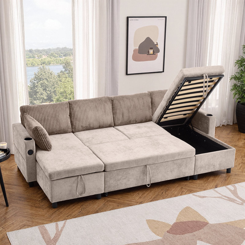 Beige Chenille 113" Sectional Sofa Bed with Storage Chaises, USB Ports & Cup Holders, Brown