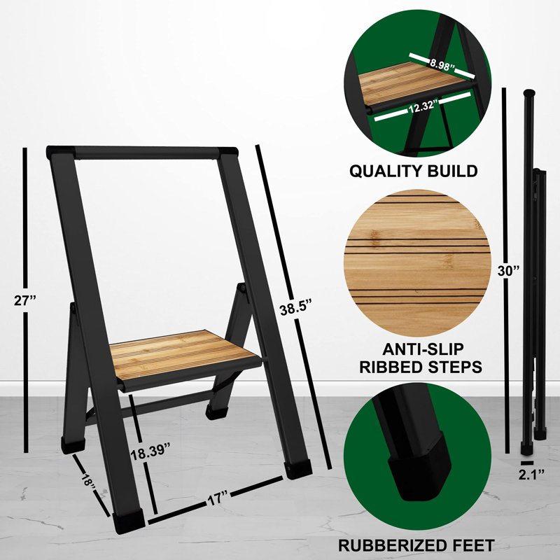 Slim Black Aluminum Foldable 1-Step Ladder with Wooden Step