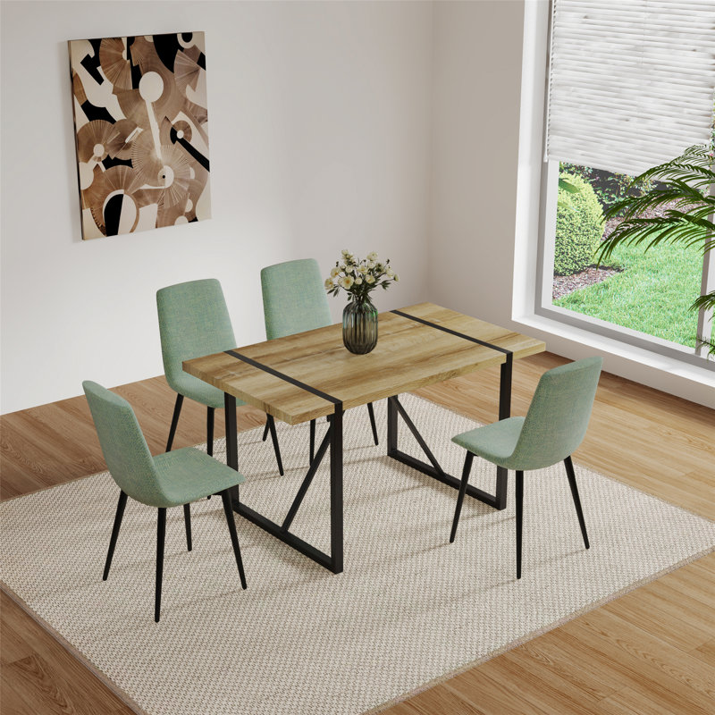 Ensemble de table de salle à manger 5 pièces avec base en métal, une table et chaises en lin, Vert