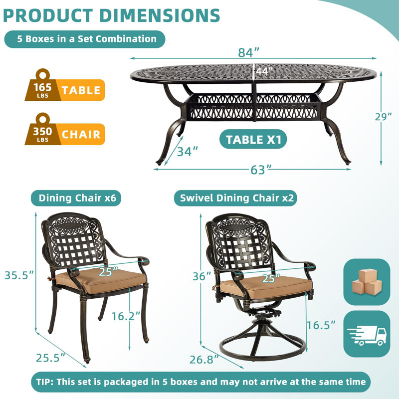 Oval 8 - Person 83.8" Long Dining Set with Cushions, Khaki, 9 Pieces: Table, 6 Chairs, 2 Swivel Chairs 