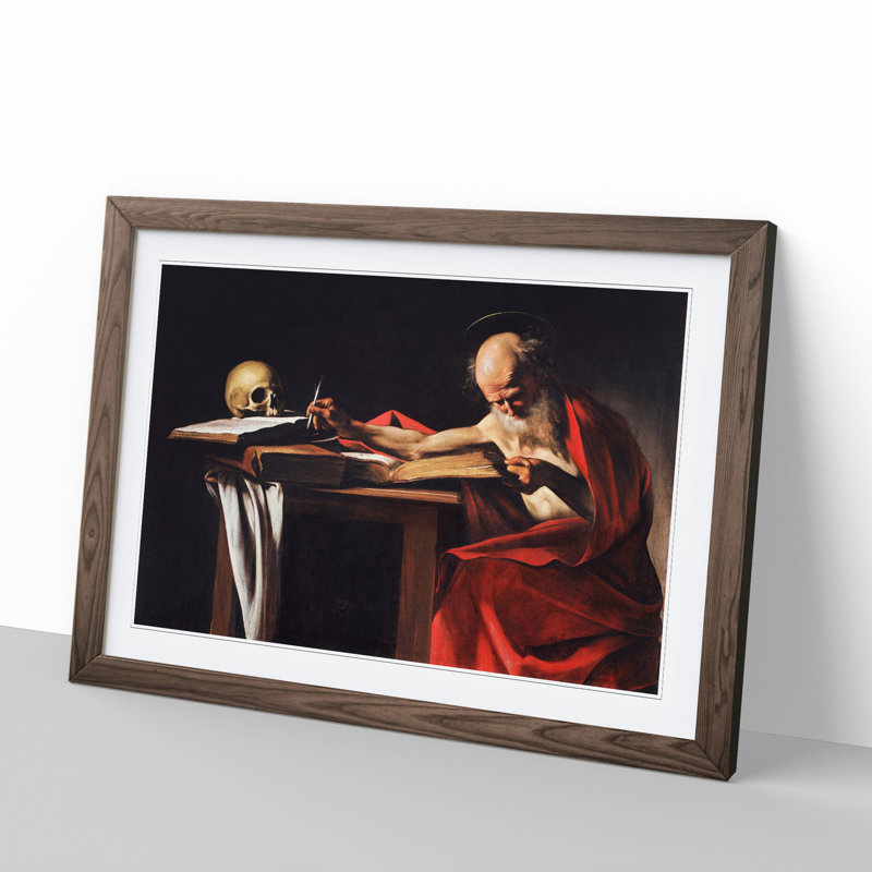 Saint Jerome Writing by Caravaggio - Picture Frame Painting, Walnut Framed, 27cm H x 36cm W x 2cm D