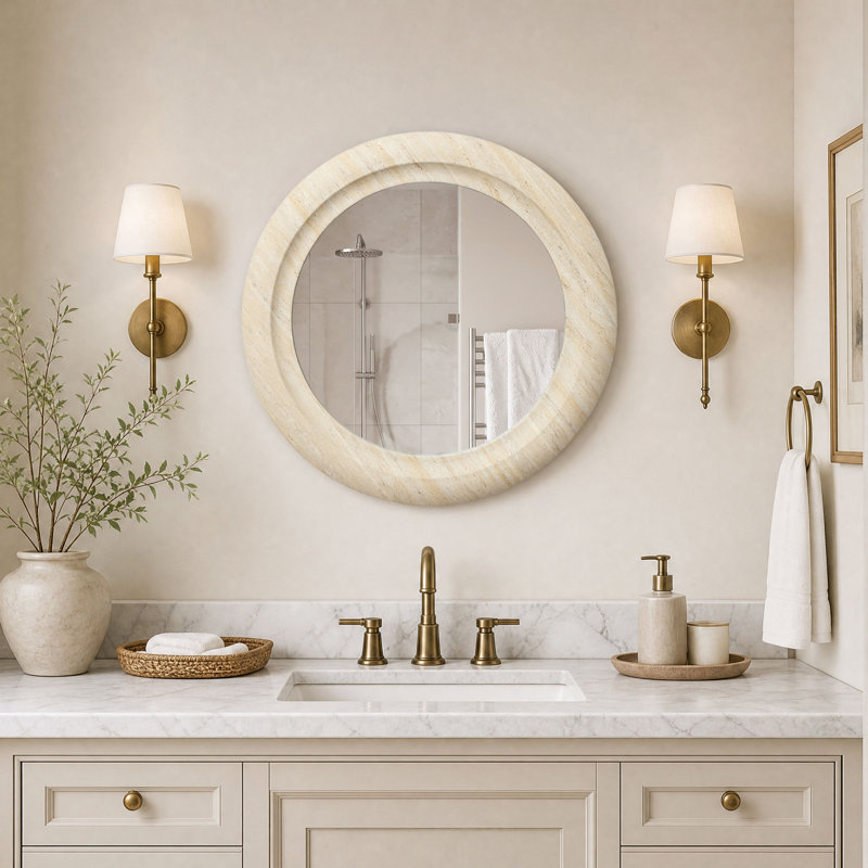 23.3" Round Wall Mirror with Travertine Finish