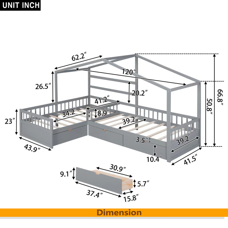 Lit plateforme simple avec trois tiroirs de rangement, Gris