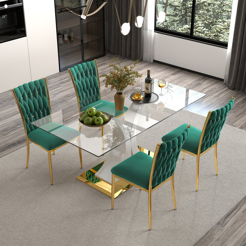 Ensemble de salle à manger moderne en verre, base en métal doré et chaises en velours 4/6 pour la cuisine et la salle à manger