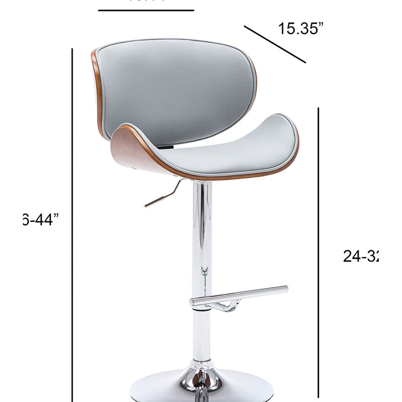 Modern Swivel Gray Adjustable Height Bar Stool With Walnut - Finished Frame, Padded Seat And Back, 21"L X 21"D 36 44"H Construction, Curved Metal Main Material,