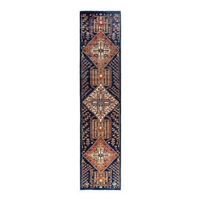 Tapis de couloir noué à la main de conception unique Serapi - bleu, 2 pi 8 po x 11 pi 11 po