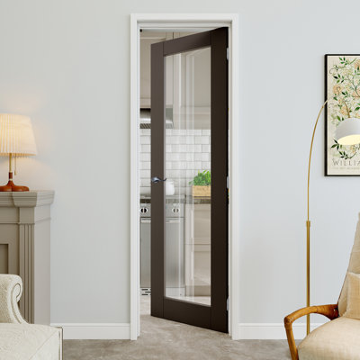 Porte pré-suspendue intérieure 24 po x 80 po en verre transparent 1-Lite avec levier incurvé et charnières argentées, plaque de porte en verre transparent, insonorisant et imperméable, combinaison pour la lessive, portes de placard, portes de pièce, droite
