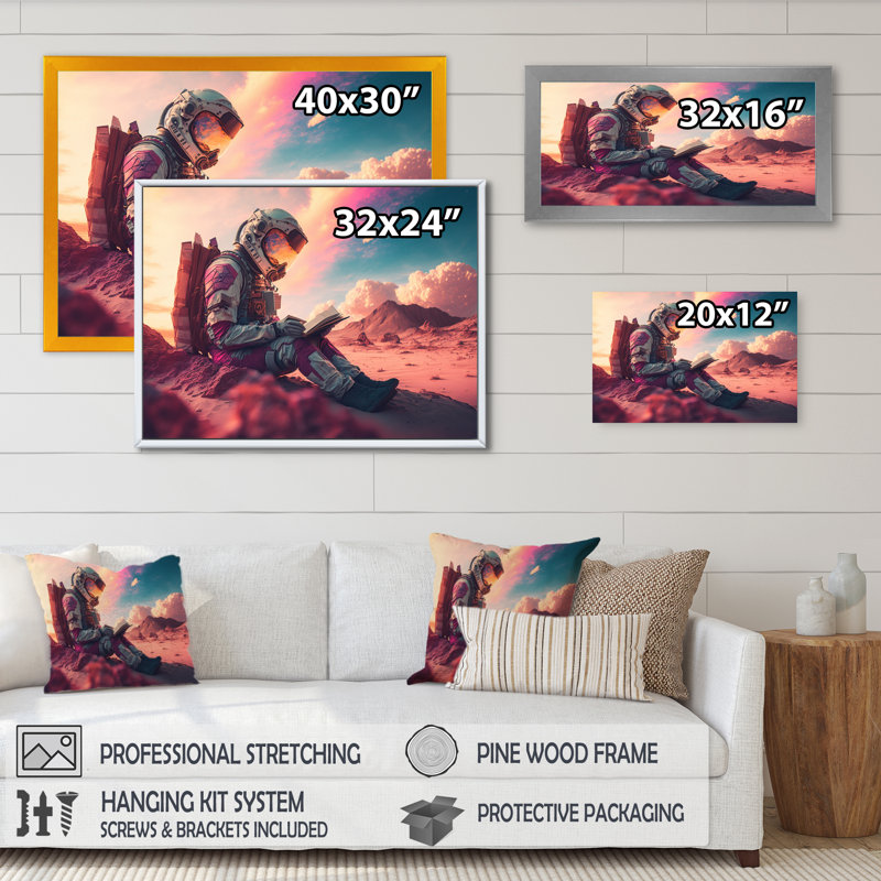 Astronaut's Cosmic Reading II - Space, reproduction d'art sur toile, Cadre noir, H 12 po x l 20 po x P 1 po