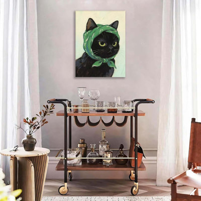 Framed Cat Wall Art Canvas Print, Funny Cat With Scarf Painting, Cute Vintage Animal Portrait Poster Picture For Living Room Bedroom Bathroom Kids Room Home Decor 12X16 Inch