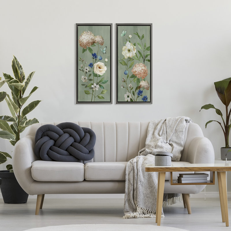 Ensemble de cadres flottants 2 pièces Mint Hydrangeas & Roses, design par Nan, Cadre flottant gris lustré, H 31 po x l 15 po
