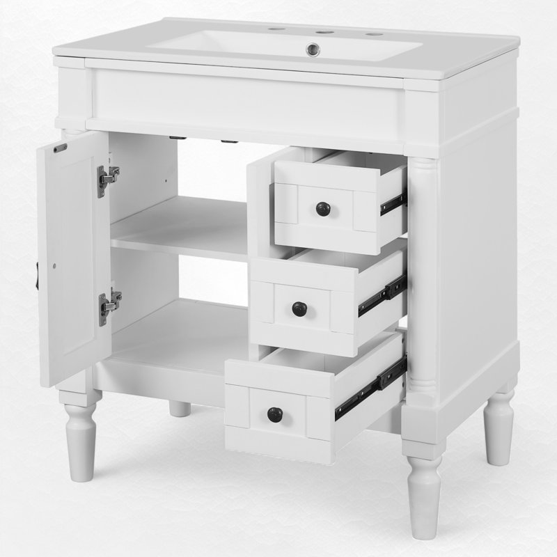 30" Single Bathroom Vanity With Ceramic Top, Black, White