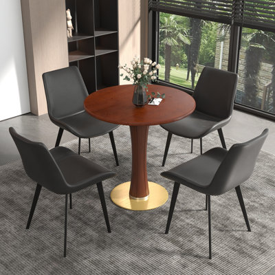 Ensemble de table de conférence ronde moderne en bois massif 5 pièces avec 4 chaises en cuir