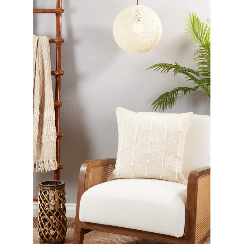 20" Beige Cotton Frayed Stitch Line Throw Pillow Cover