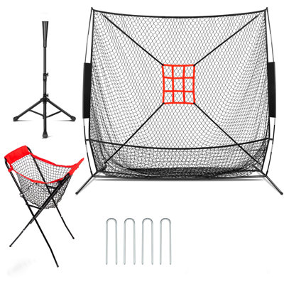7' x 7' Baseball & Softball Practice Net with Adjustable Batting Tee and 100+ Ball Caddy