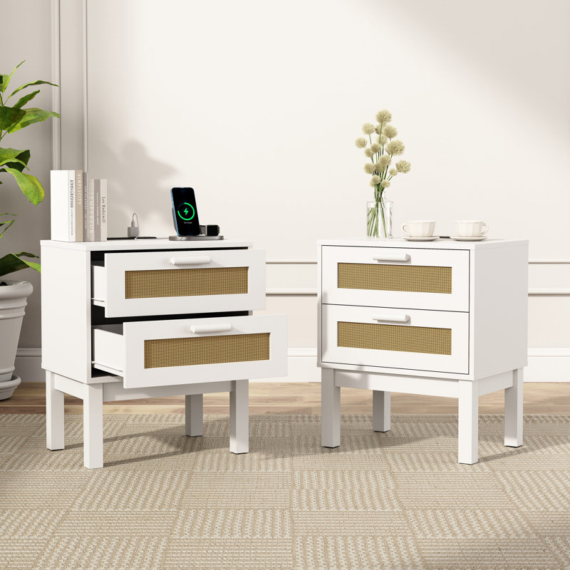 2 Drawer Nightstand, Built-in Charging Station, Bedside Table For Bedrooms (set Of 2), White, Set of 2