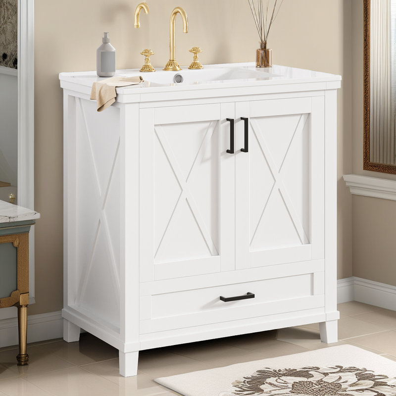 Meuble-lavabo de 30 po avec lavabo en céramique, structure en bois massif, portes à fermeture douce, tablette réglable, Blanc