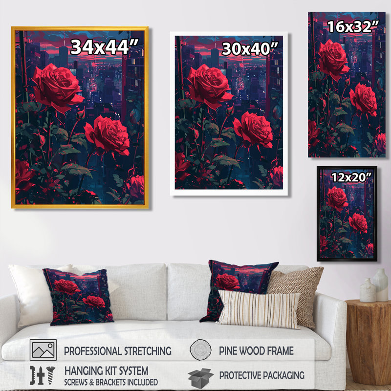 «Red Rose Urban Sunset I - Roses», art mural, Toile avec cadre flottant noir, H 44 po x l 34 po x P 1,5 po