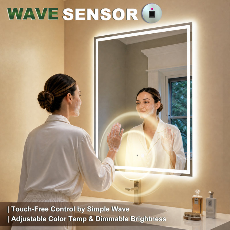 Baruyr Hand Wave Induction Sensor Illuminated Dimmable LED Anti Fog Vanity Mirror with Bluetooth, 40" x 32"