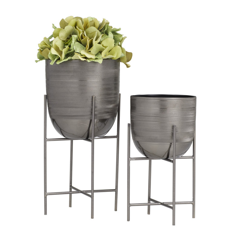 Alodee 2 Piece Metal Indoor Outdoor Planter with Removable Stand Set, Gray