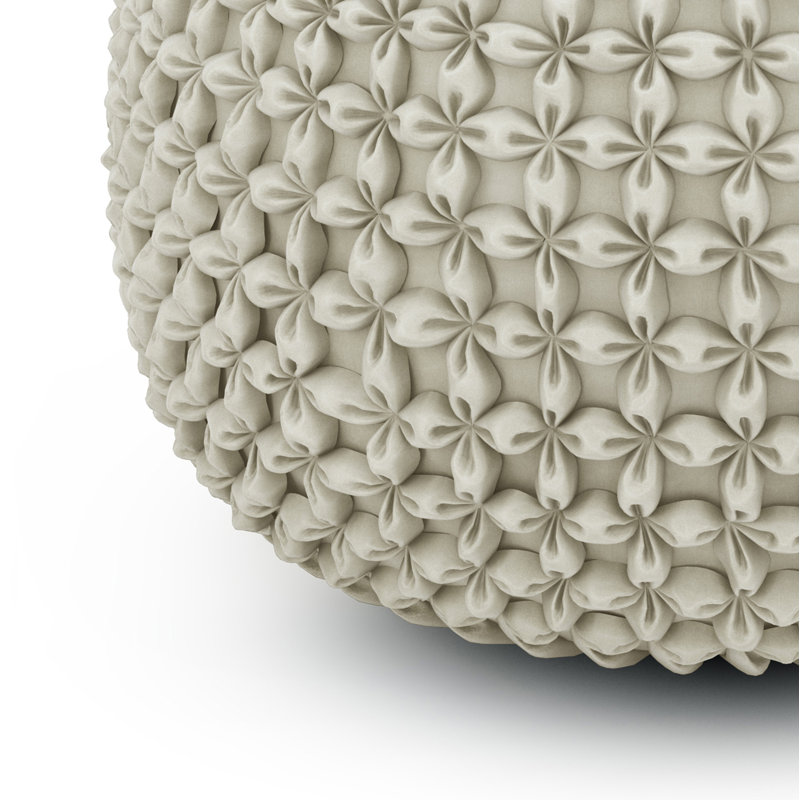 Cream Tufted Round Cotton Pouf with Velvet Upholstery