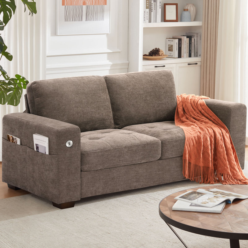 Canapé-lit en chenille rembourré 70 po Traub avec poches de rangement et port de charge USB Traub, Gris foncé