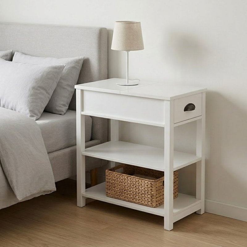 Elegant Style Compact Narrow Side Table End Table with Flip Top, Drawer and 2  Shelves for Living Room, Bedroom, White