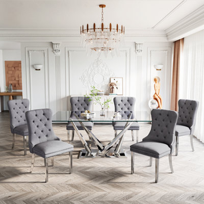 Modern Glass Dining Table, 63" Cross-Leg Stainless Steel Base And Velvet Upholstered Tufted Nailhead Chairs