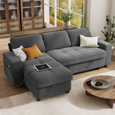 Multifunctional Sectional Sleeper Sofa with USB/Type-C Charging, 5-Position Adjustable Backrest, Tool-Free Assembly, Corduroy Fabric with Washable Covers – L-Shape Sofa