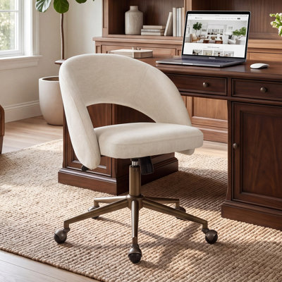 Aurevo Modern Home Office Chair Swivel Desk Chair With Adjustable Height, Beige Executive Rolling Task Chair, 5-Star Base With Antique Brass Casters, Easy Assembly