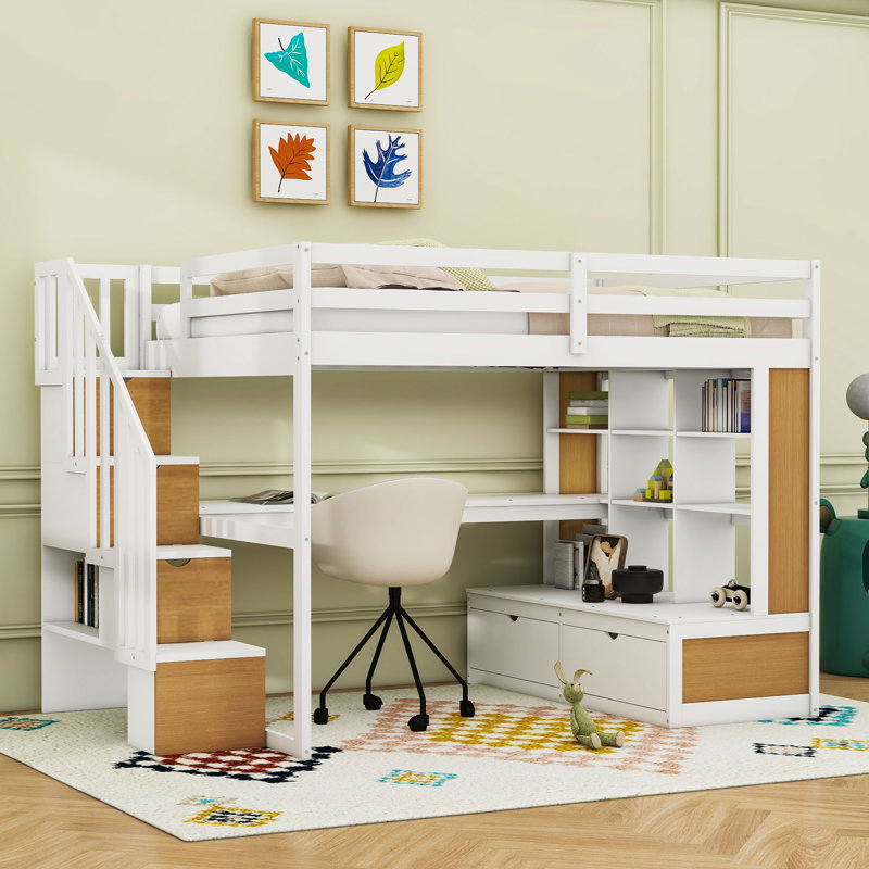 2 Drawers Full Wood Loft Bed With Desk, Shelves And Storage Staircase, White Natural