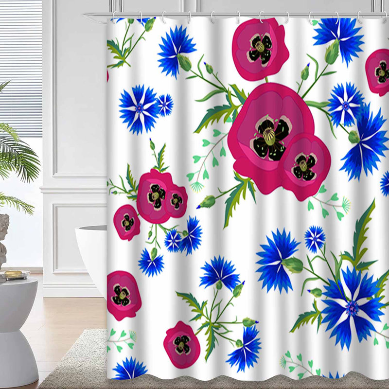 Rideau de douche abstrait à motif floral coquelicots rouges abstraits avec 12 crochets, 72" L x 78" W