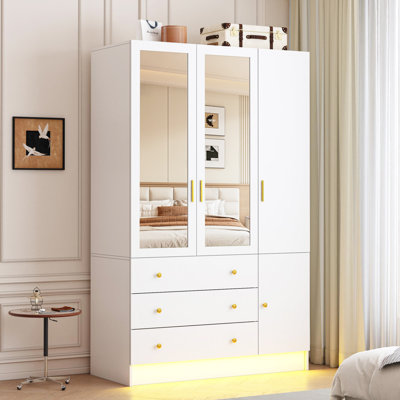 75" Tall 3 Doors Armoire Wardrobe Closet With 3 Drawers, Wooden Wardrobe Cabinet With Led Lights & Mirror, Freestanding Clothing Storage Cabinet With Hanging Rod, Adjustable Shelves