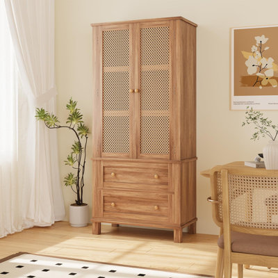 64" Rattan Kitchen Pantry Cabinet with 2 Doors & Adjustable Shelves, Farmhouse Freestanding Storage Cupboard