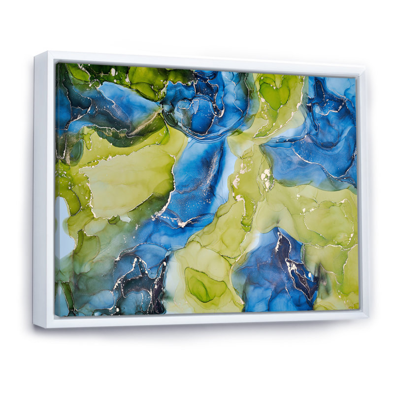 «Blue and Green Luxury Abstract Fluid», peinture sur toile, H 12 po x l 20 po x P 1 po, Cadre flottant blanc