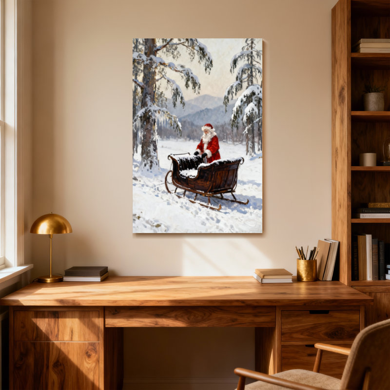 Noël père Noël dans un paysage d'hiver en traîneau, H 48 po x l 32 po