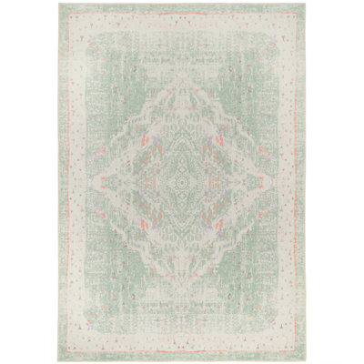 Machine Washable Pastel Green Traditional Medallion Distressed Living Room Area Rug