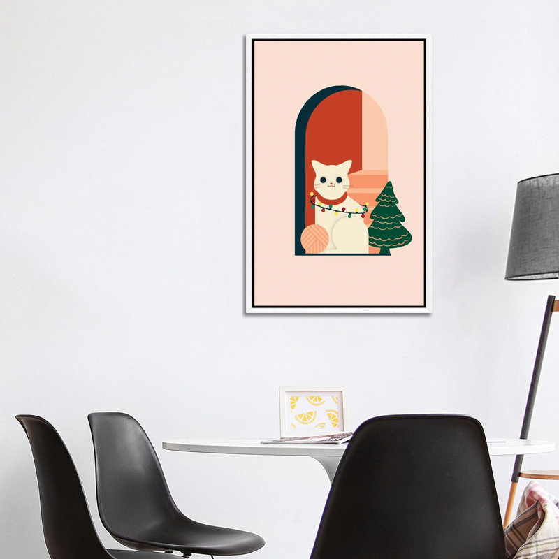 Christmas Cat - Print on Canvas, 101.6 cm H x 66.04 cm W, White Framed